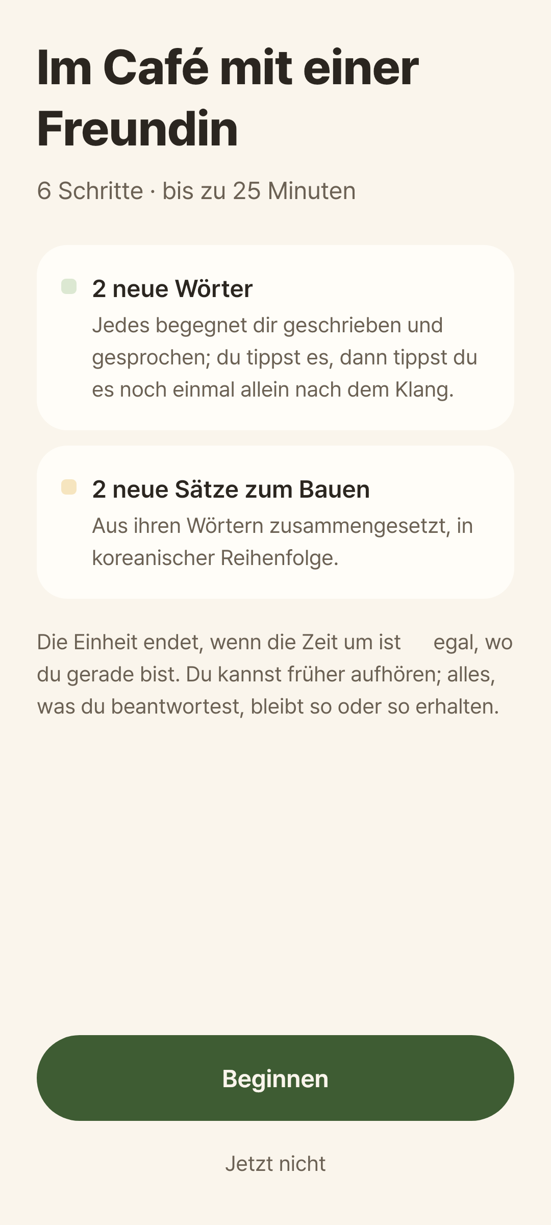 Die Vorschau einer erstellten Einheit: Titel, zwei neue Wörter, zwei neue Sätze, Beginnen