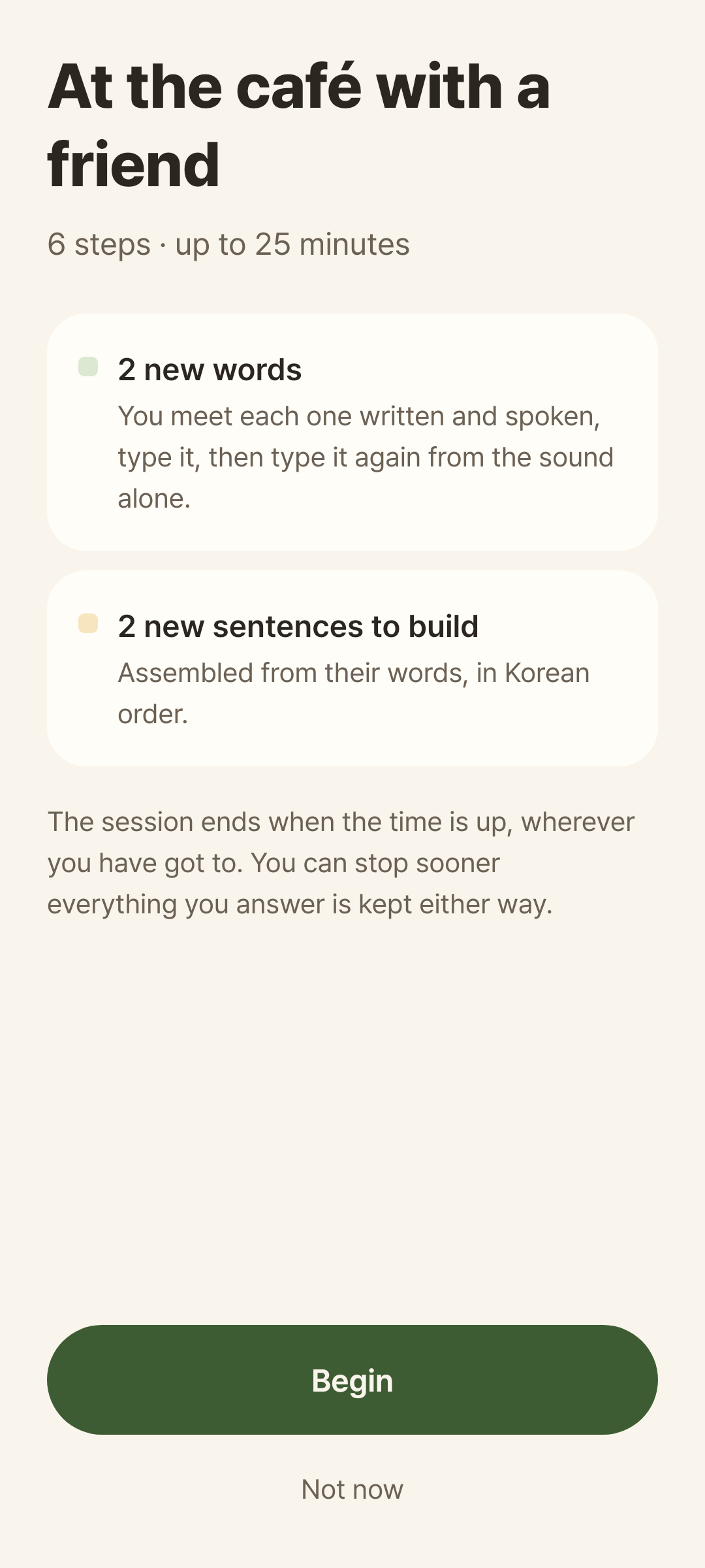 The brief of a crafted session: its title, two new words, two new sentences, Begin
